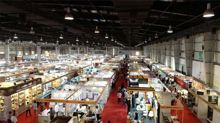 a large trade fair or exhibition floor inside the India Expo Centre & Mart located in Greater Noida, National Capital Region